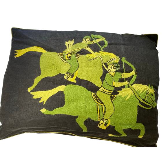 Vintage Black linen Pillow Green Embroidered Warriors Green Trim. Folk Art‎